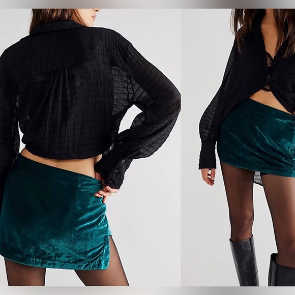 Free People Annalise Velvet Mini Skirt ✨Deep Teal Size 2 | slit boho short - Picture 16 of 16